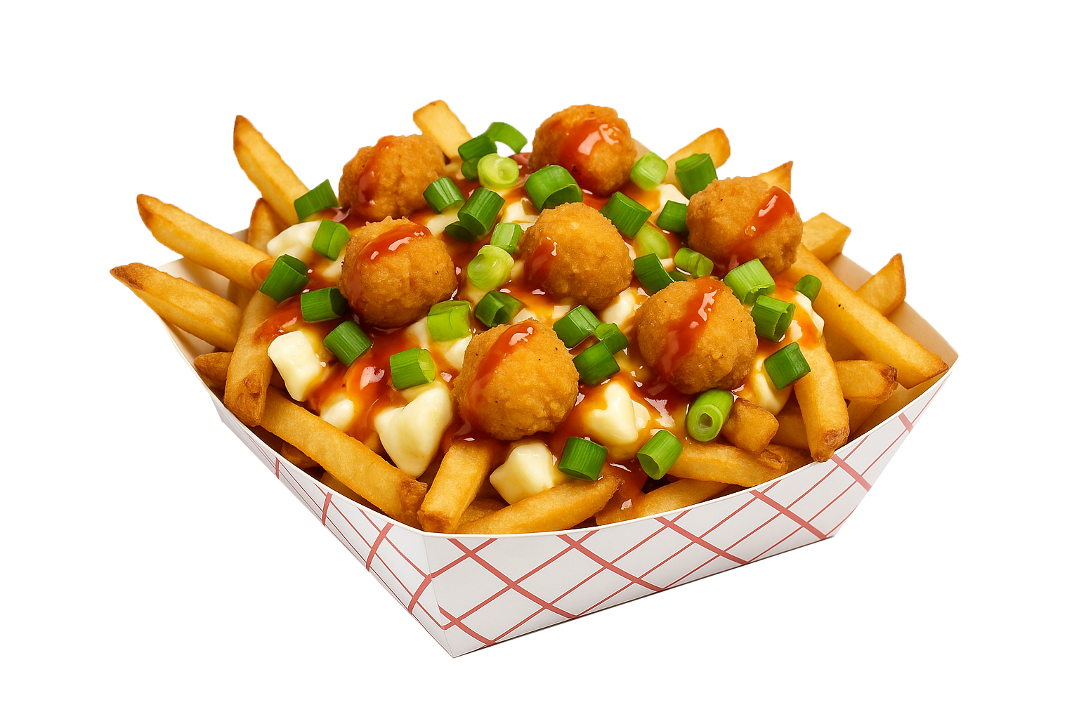 Poutine Thai Los Gringos - Poulet Pop corn, échalotte, fromage en grain, sauce poutine et filament sauce thaï
